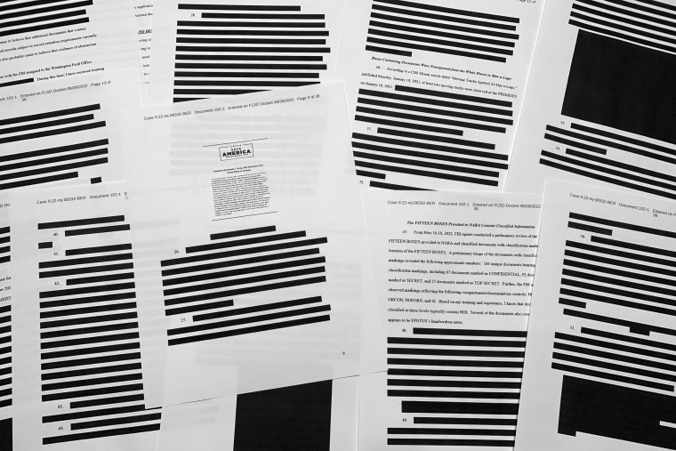 Pages from the Mar-a-Lago search warrant affidavit by the FBI