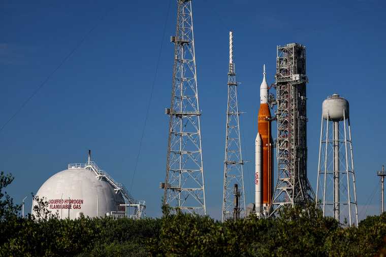 NASA's Artemis I rocket sits on launch pad 39-B at Kennedy Space Center as it is prepared for an unmanned flight around the moon on Aug. 27, 2022 ,in Cape Canaveral, Fla.