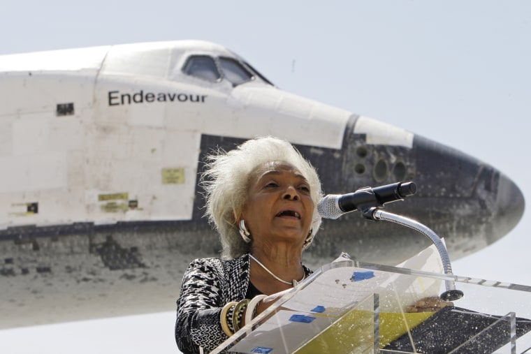 Image: Nichelle Nichols, the actor who portrayed Lt. Nyota Uhura on the 1960s television series "Star Trek," after the Space Shuttle Endeavour lands aboard a NASA Boeing 747 at the conclusion of its last flight, at Los Angeles International Airport on Sept. 21, 2012.
