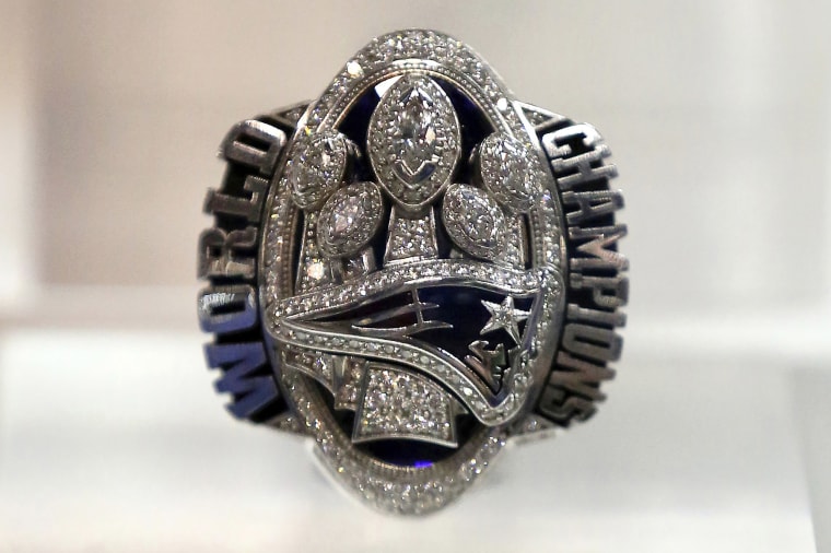 A New England Patriots Super Bowl 51 ring at the Super Bowl Rings exhibit in Indianapolis on March 1, 2018.