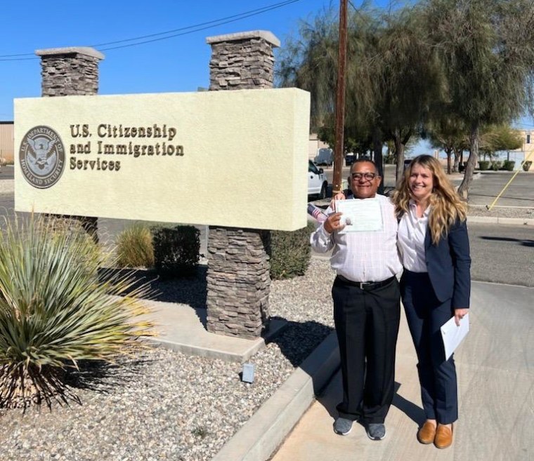 Former U.S. service member Luis and direct attorney Amanda Schuft celebrating Luis’ return to California after being deported to Nicaragua 23 years ago.