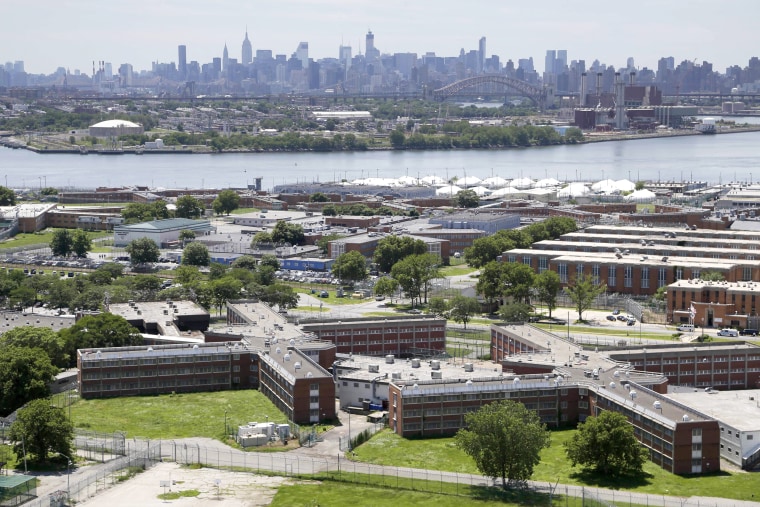 Rikers Island jail complex in New York with the Manhattan skyline in the background, on June 20, 2014.