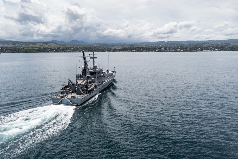 The HMAS Armidale sails into the Port of Honiara on Dec. 1, 2021, in Honiara, Guadalcanal Island, Solomon Islands.