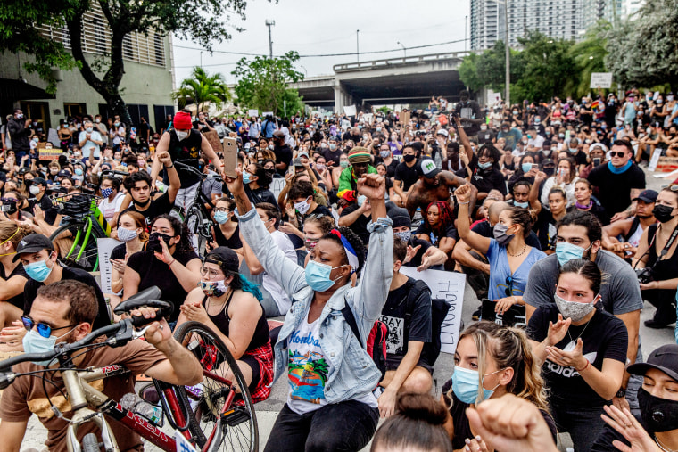 Protesters congregate at Bayfront Park in Miami, Fla. during a demonstration on June 6, 2020.