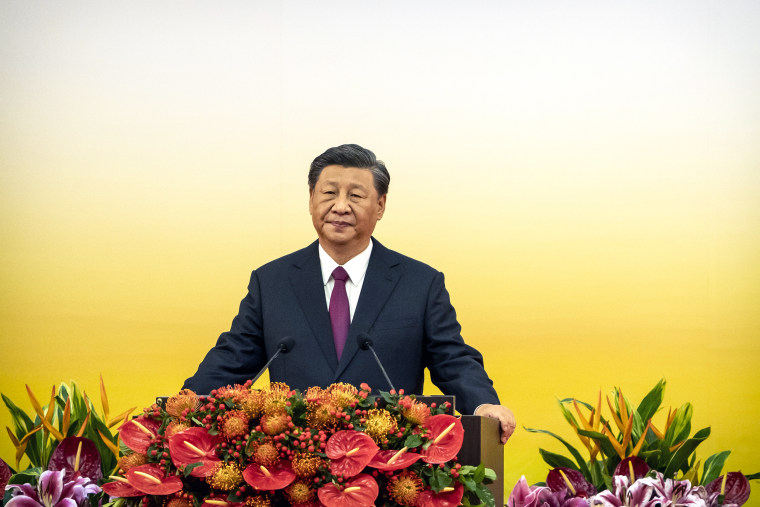 Xi Jinping, China's president, speaks at a swearing-in ceremony for Hong Kong's chief executive John Lee in Hong Kong on July 1, 2022.