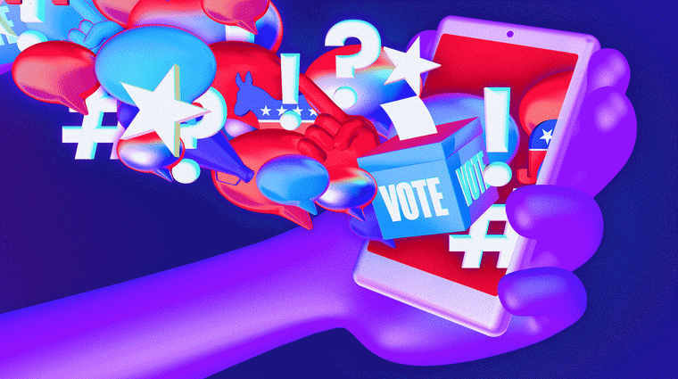 Moving Image: A purple hand holding a phone screen out of which a flurry of speech bubbles along with ballot boxes, hashtags, stars, question marks and exclamation points is coming out.