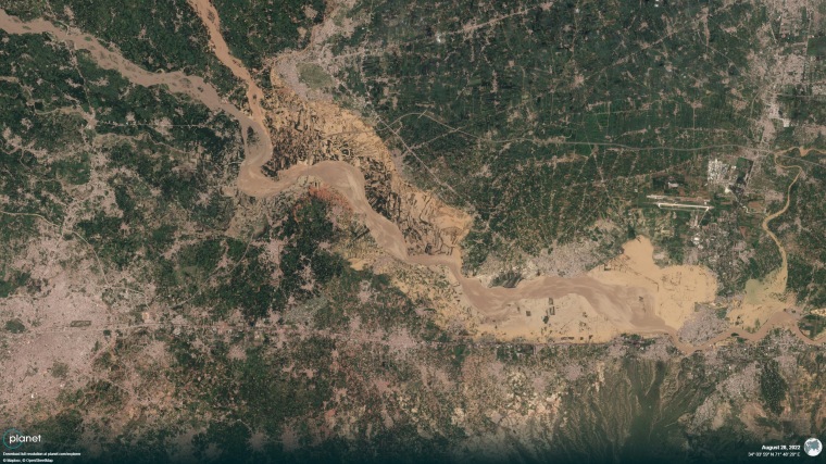 Flooding along the Kabul river in  in the Khyber Pakhtunkhwa province near Charsadda, northern Pakistan.