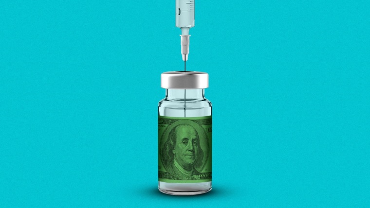 Ilustración de una jeringuilla dentro de un vial cuya etiqueta es un billete de dólar, en representación del alto costo de la insulina en EE.UU.