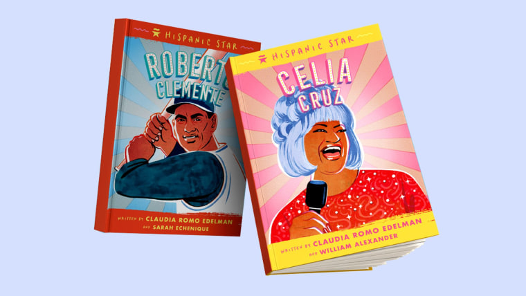 Dos libros infantiles con portadas ilustradas. Uno es sobre Roberto Clemente, beisbolista, y el otro es sobre Celia Cruz, la artista musical.