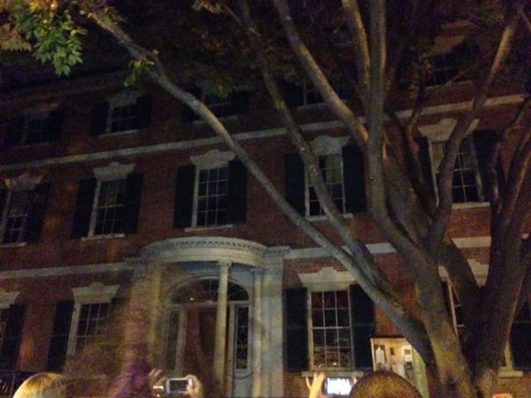 A shadowy image is captured in front of the Gardner-Pingree House in Salem, Massachusetts.