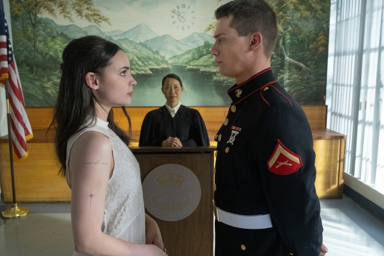 Sofia Carson as Cassie with Galitzine as Luke in "Purple Hearts."