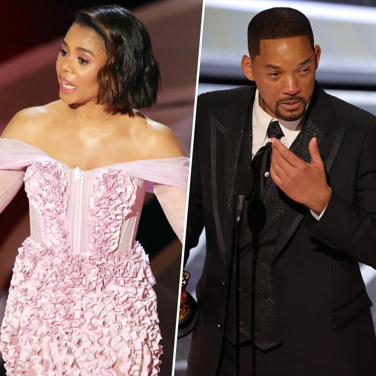 Regina Hall (left) spoke briefly about her thoughts on Will Smith's (right) disruption of the 2022 Oscars.