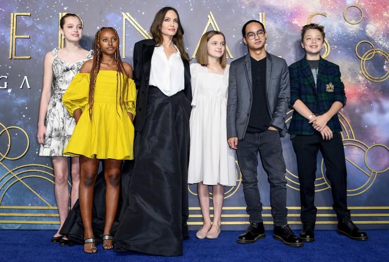 Shiloh Jolie-Pitt, Zahara Jolie-Pitt, Angelina Jolie, Vivienne Jolie-Pitt, Maddox Jolie-Pitt and Knox Jolie-Pitt attend a screening of Marvel's "Eternals" in London in 2021.