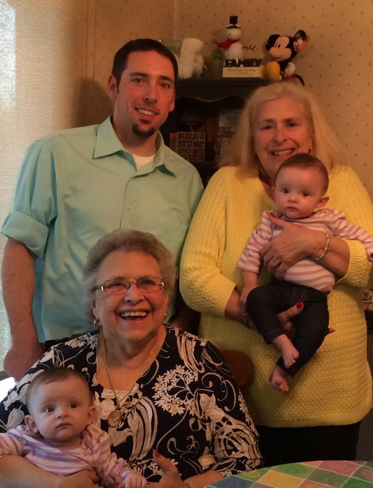 Four generations! Theresa Grudzinski (right) poses with her mother, Giovanna Bernardon, son, Mike, and granddaughters, twins Harper and Amelia.