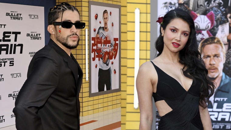 Bad Bunny tuvo como pareja a Andrea Muñoz, actriz colombiana, en su debut en el cine de Hollywood. Aquí ambos en la alfombra roja de la premier de la película 'Bullet Train', 1 de agosto 2022.