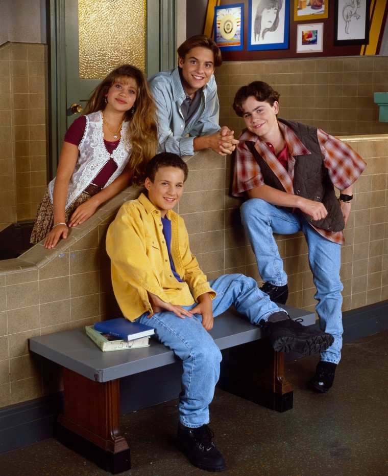 Danielle Fishel, Rider Strong and Will Friedle and Ben Savage on set of "Boy Meets World" in 1994.