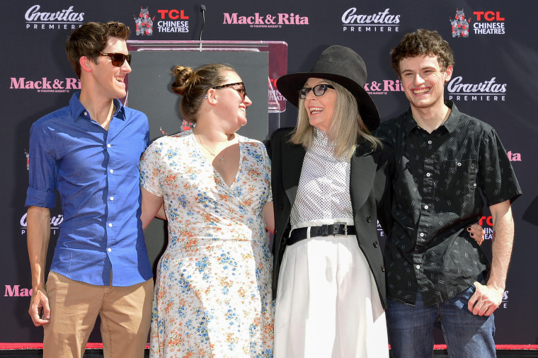 Jordan White, Dexter Keaton, Diane Keaton, and Duke Keaton attend the Handprint and Footprint in Cement Ceremony for Diane Keaton on Aug. 11, 2022, in Hollywood, Calif.