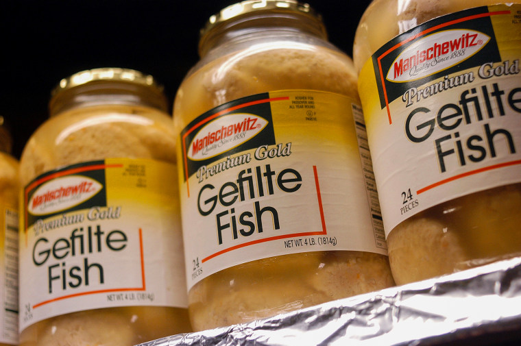 Jars of Gefilte Fish sit on the shelves awaiting purchase on April 2, 2004.