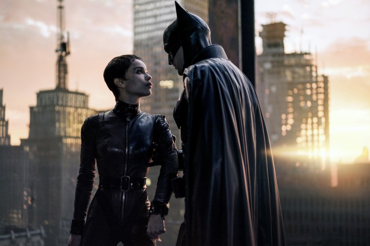 Zoe Kravitz as Selina Kyle in Catwoman, Robert Pattinson as Batman, in The Batman, 2022.
