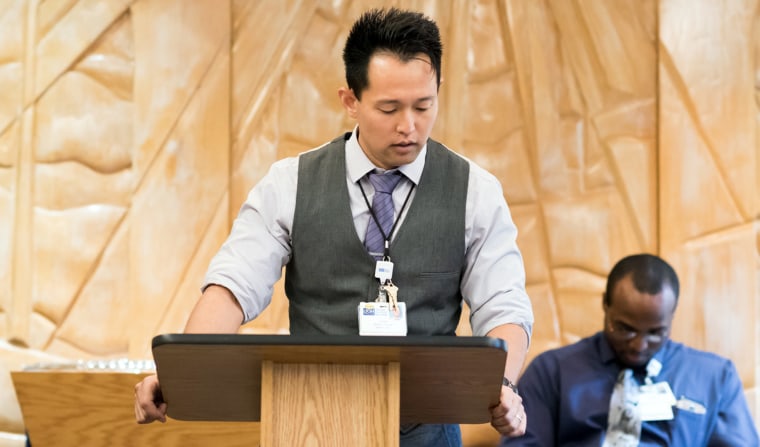 J.S. Park in 2017 presenting a speech during his chaplain residency.