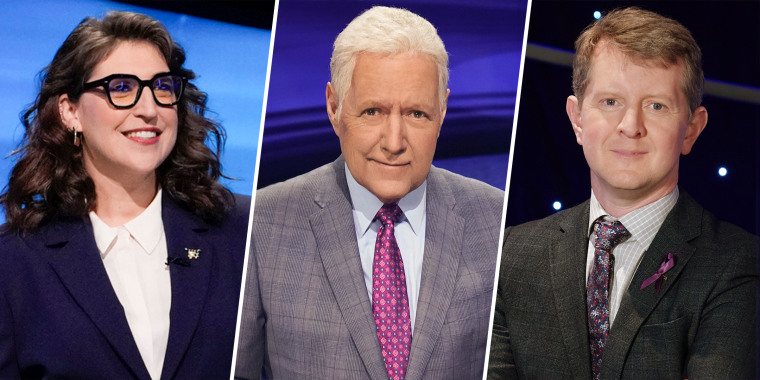 Mayim Bialik (left) and Ken Jennings (right) will do their part to do Alex Trebek (center) proud.