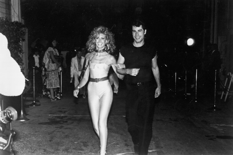 Olivia Newton-John and John Travolta attend the premiere of the film 'Grease', 1978.