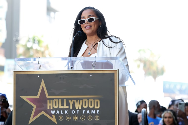 The actor speaks onstage as her late boyfriend is posthumously honored with a star on The Hollywood Walk of Fame on Aug. 15, 2022 in Los Angeles.