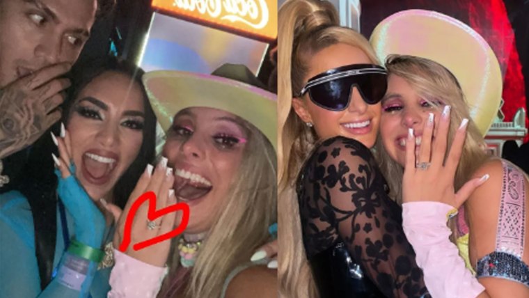 Lele Pons celebrando su compromiso con sus amigos Kimberly Loaiza y Paris Hilton, en el Tomorrowland Festival 2022.