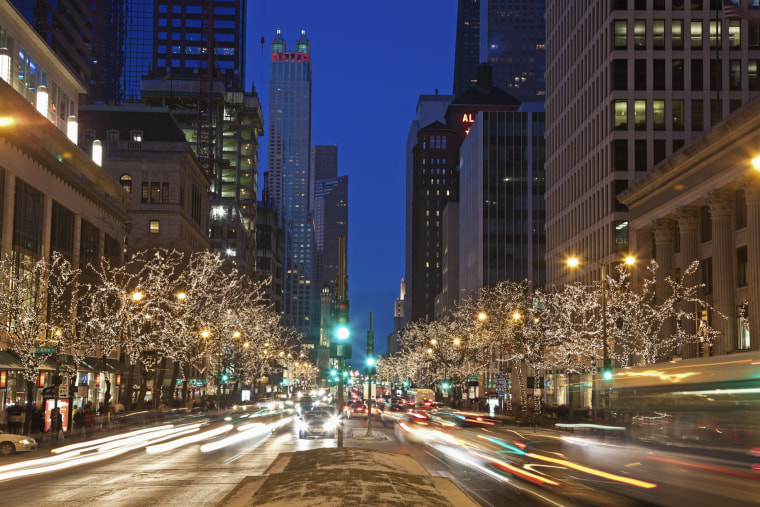 USA, Illinois, Chicago, Michigan Avenue illuminated at night