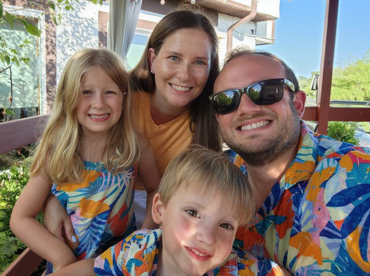 The Overland family (from top, clockwise): Katie, Scott, kids Logan (2) and Addie (6).