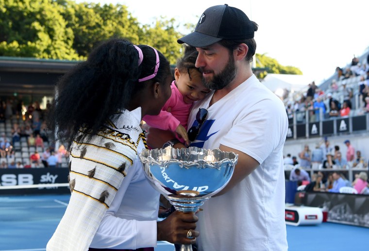 Serena Williams, husband Alexis Ohanian and their daughter, Olympia, at ASB Tennis Centre on Jan. 12, 2020, in Auckland, New Zealand.
