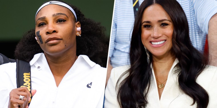 LEFT: LONDON, ENGLAND - JUNE 28: Serena Williams of the United States walks onto the court to play Harmony Tan of France in her first round match during Day Two of The Championships Wimbledon 2022 at All England Lawn Tennis and Croquet Club (Photo by Robert Prange/Getty Images)

RIGHT: THE HAGUE, NETHERLANDS - APRIL 17: Meghan, Duchess of Sussex watches the sitting volleyball competition on day 2 of the Invictus Games 2020 at Zuiderpark in The Hague, Netherlands. (Photo by Max Mumby/Indigo/Getty Images)