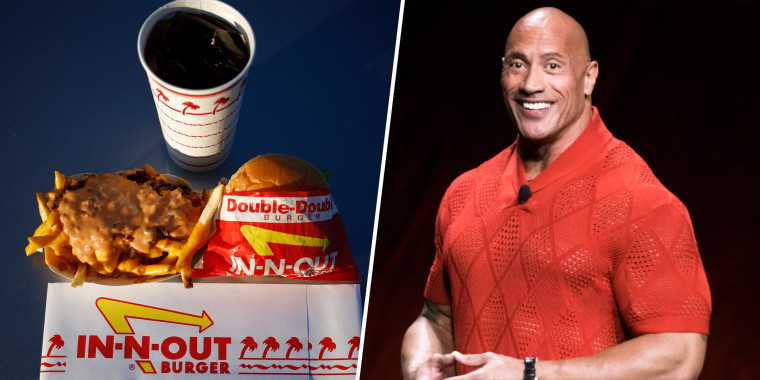 On the left, a coke, animal-style fries, and a double-double burger on a blue table from In-N-Out. On the right, Dwayne "The Rock" Johnson smiles in a mesh red polo.