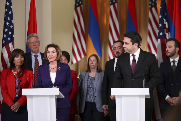 House Speaker Nancy Pelosi, left, with Alen Simonyan, president of Armenia’s parliament, in Yerevan on Sunday.