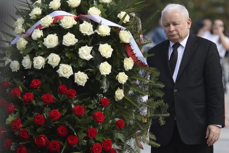 Image: Jaroslaw Kaczynski attends a wreath laying ceremony marking national observances of the anniversary of World War II in Warsaw, Poland, Sept. 1, 2022.