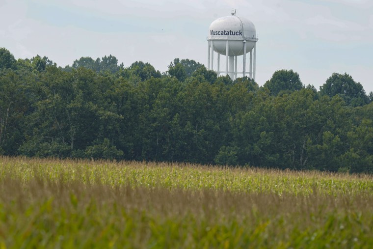 The water tower at the Muscatatuck Urban Training Center in Butlerville, Ind. Three members of the Dutch Commando Corps, who were training at the center, were shot outside their hotel in downtown Indianapolis early Saturday.