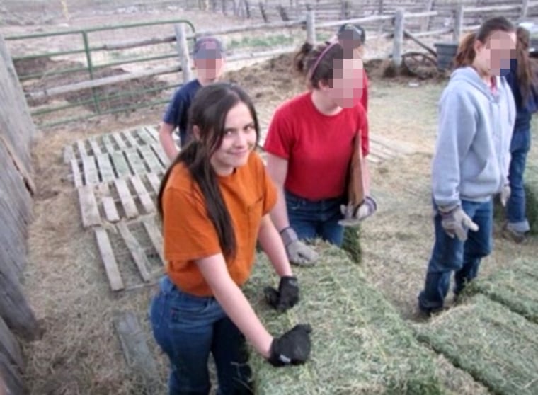 Image: Maggie Higgins, left, said she had to lift hay bales at the ranch. Faces have been obscured by NBC News.