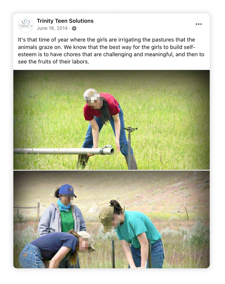 A 2014 Trinity Teens Solutions Facebook post showed girls carrying irrigation pipes at the ranch to tout the value of “challenging” labor. Faces have been obscured by NBC News.