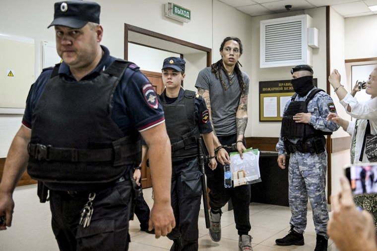 Image: Brittney Griner leaves the courtroom before the court's final decision in Moscow on August 4, 2022.