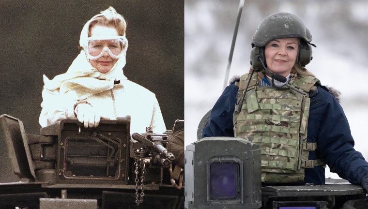 Left, Thatcher visiting British troops in Germany in September 1986. Right, Truss during NATO exercises in Estonia in November. 