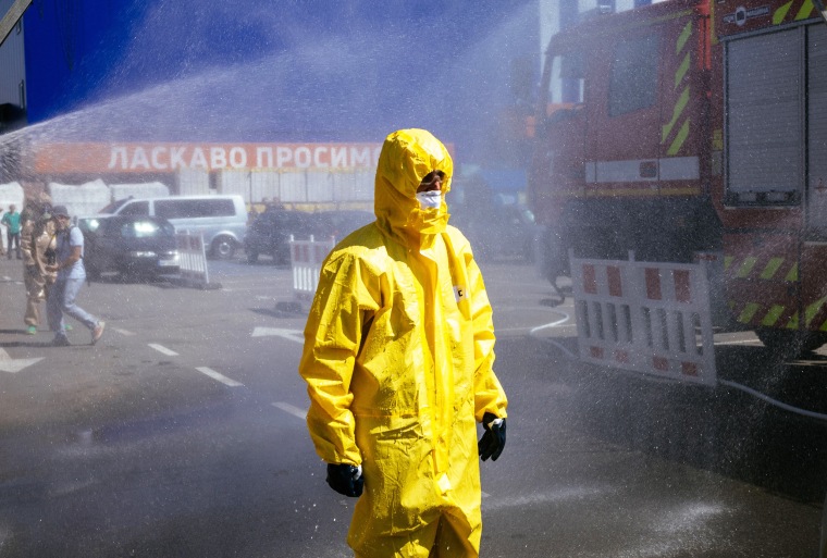 A Ukrainian Emergency Ministry rescuer attends an exercise in the city of Zaporizhzhia