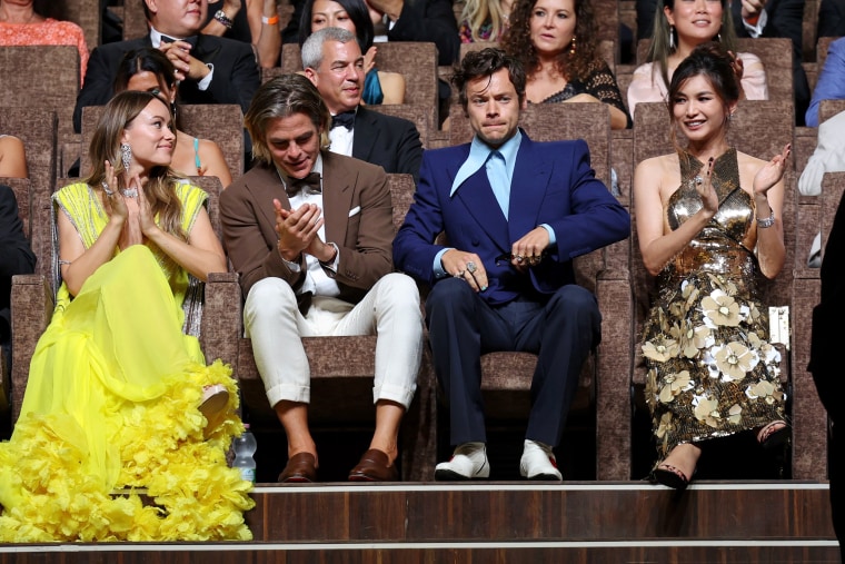 From left, Olivia Wilde, Chris Pine, Harry Styles and Gemma Chan attend the Venice International Film Festival on Sept. 5, 2022.