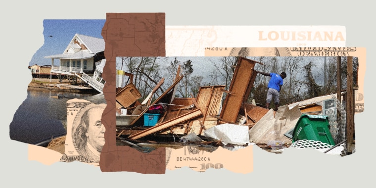 Photo collage: Pieces of paper showing pieces of the map of Louisiana, hundred dollar bills and images showing the damage on houses after Hurricane Ida.