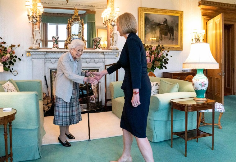 Queen Elizabeth II greets newly elected leader of the Conservative party Liz Truss at Balmoral Castle on Sept. 6, 2022, in Aberdeen, Scotland.