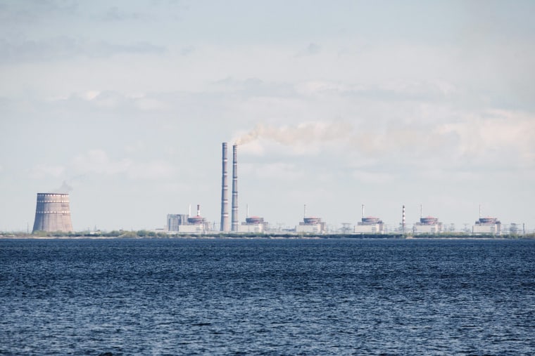 A general view shows the Zaporizhzhia nuclear power plant, situated in the Russian-controlled area of Enerhodar, seen from Nikopol in April 27.