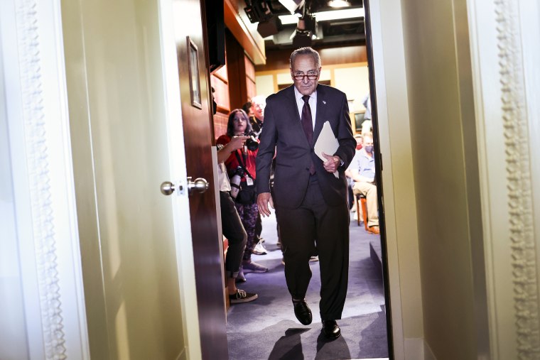 Senate Majority Leader Charles Schumer, D-N.Y., leaves a press conference at the Capitol on Aug. 5, 2022.