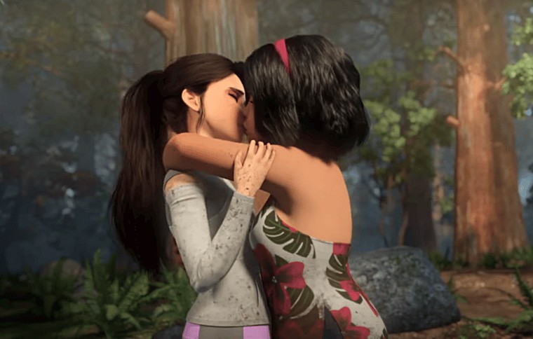 A scene from "Jurassic World: Camp Cretaceous" in which two female characters kiss. 