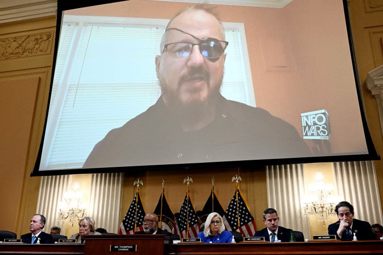 Stewart Rhodes, founder of the Oath Keepers, is seen on a screen during a House Select Committee hearing to Investigate the January 6th Attack on the US Capitol on Capitol Hill in Washington, DC on June 9.