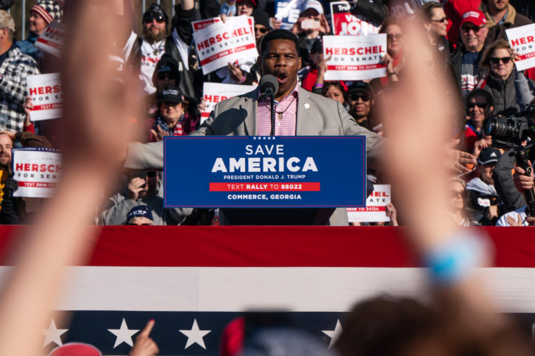 Herschel Walker, Republican senate candidate for Georgia,  at a campaign event headlined by former President Donald Trump in Commerce, Georgia on March 26, 2022.