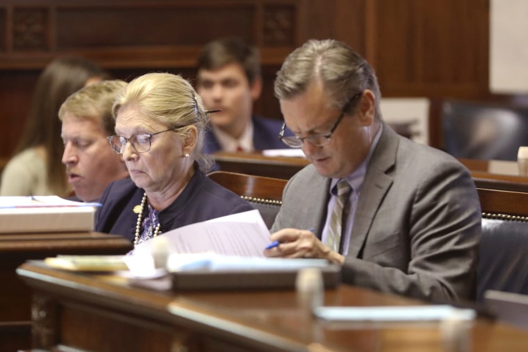 State Sens. Shane Martin, R-Pauline, left, Katrina Shealy, R-Lexington, middle, and Tom Davis, R-Beaufort, right, listen to a debate in Columbia, S.C., on April 20.